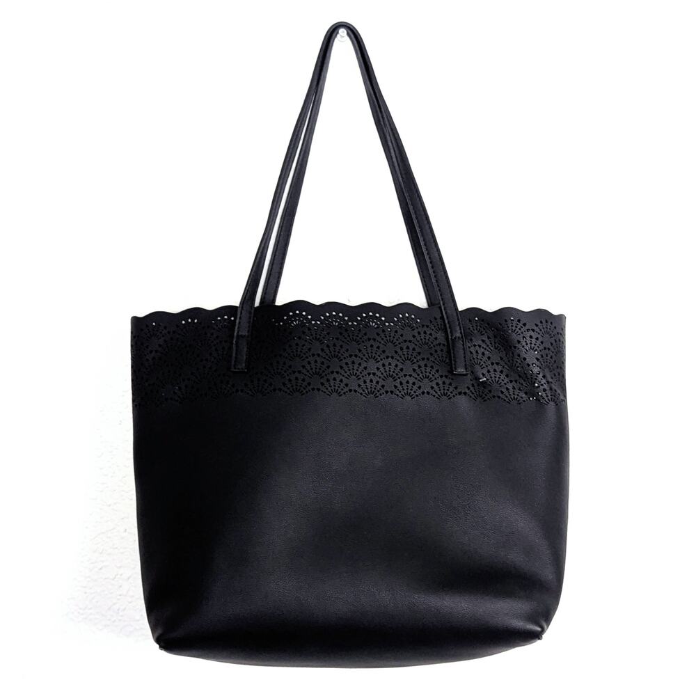 Bundle of 2 Black Tote and Crossbody Bag Set Perforated Faux Leather Adjustable